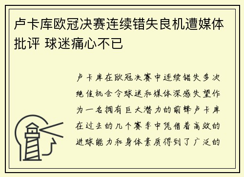 卢卡库欧冠决赛连续错失良机遭媒体批评 球迷痛心不已